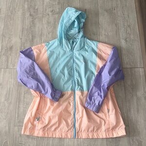 Columbia Pastel Colorblock Hooded Rain Jacket in Mint, Peach & Lavender